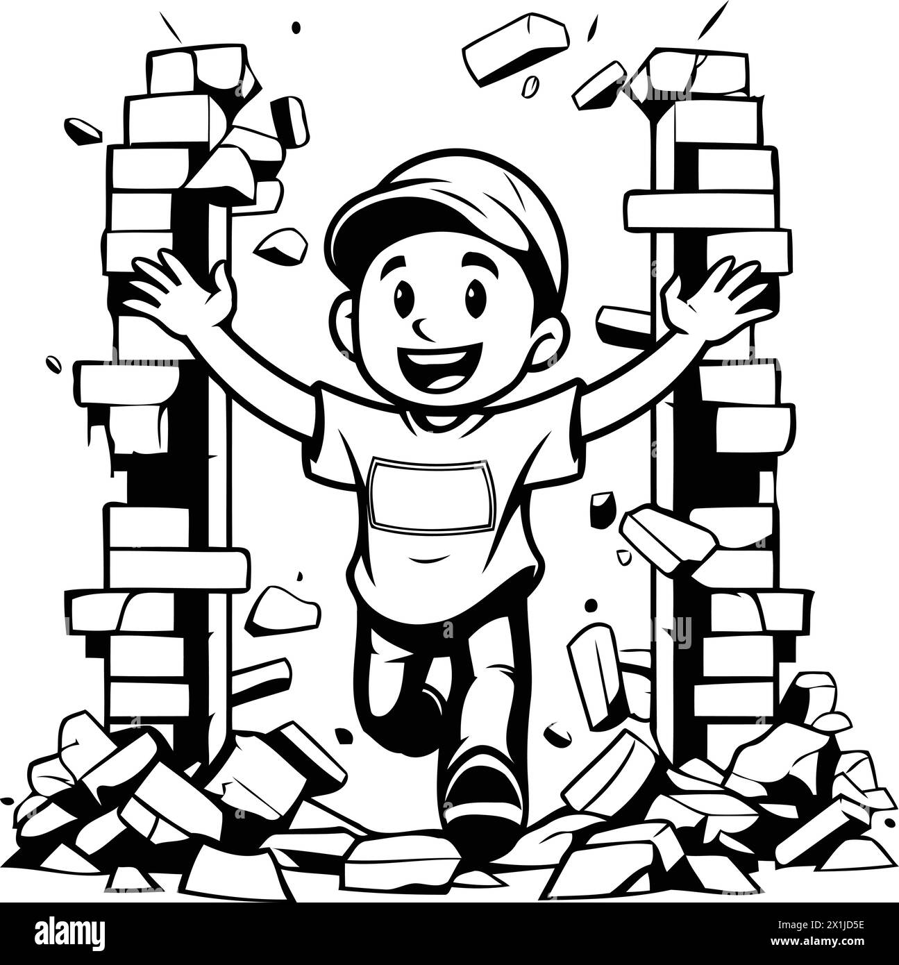 Illustration of a Kid Climbing a Brick Wall with His Hands Up Stock