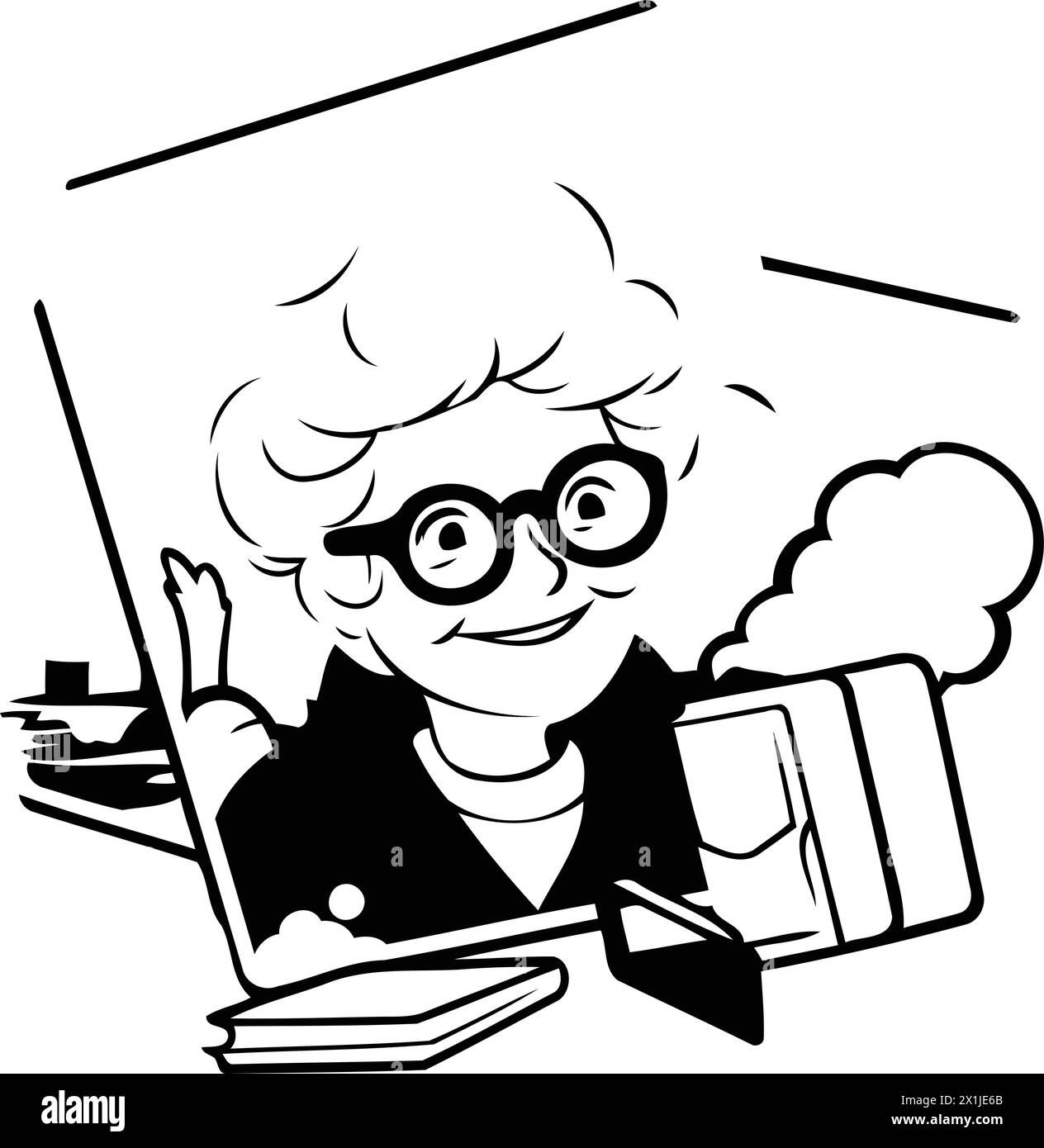 Vector illustration of an old woman in glasses with a book in her hands. Stock Vector