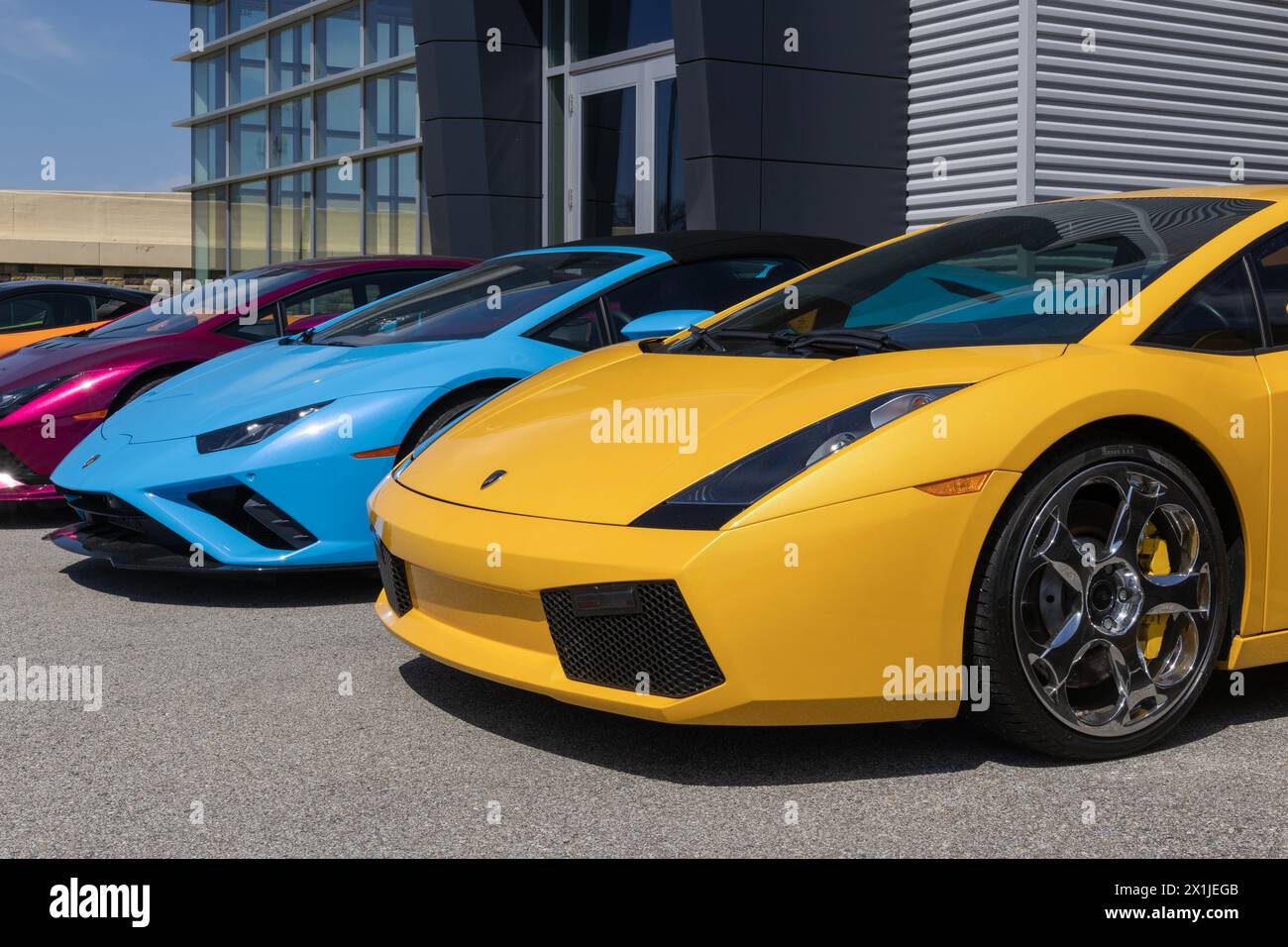Indianapolis - April 14, 2024: Lamborghini display at a dealership. Lamborghini is an Italian manufacturer of luxury sports cars. Stock Photo