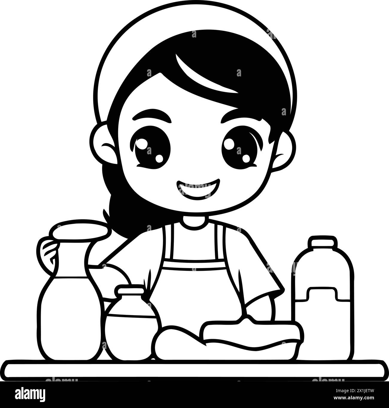 Cute little girl in apron washing dishes. Vector illustration Stock ...