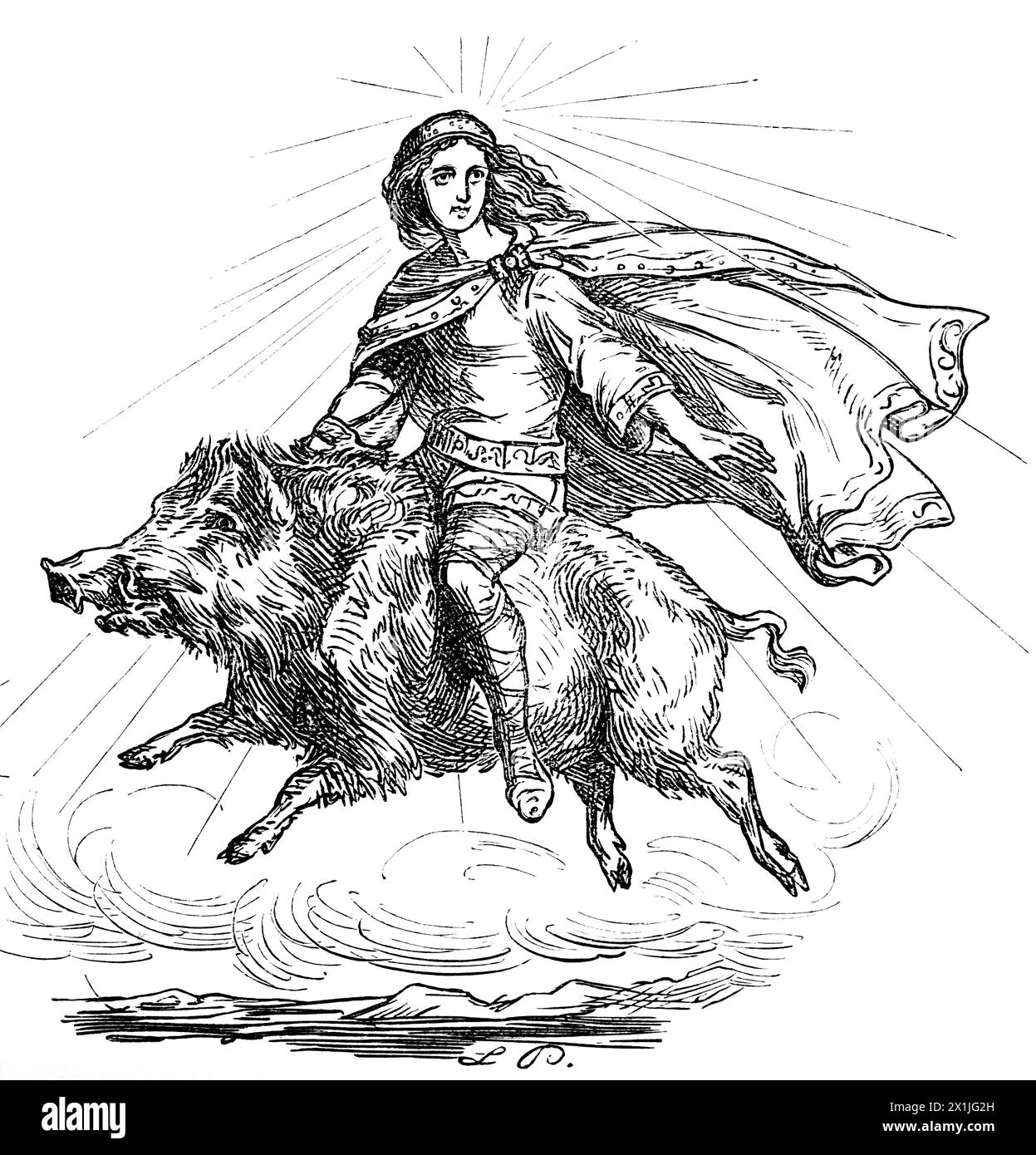 Fro or Freyer, the God of Glory, God of Love God of fertility, God of matrimony and God of Peace riding a golden boar, historical illustration 1880 Stock Photo