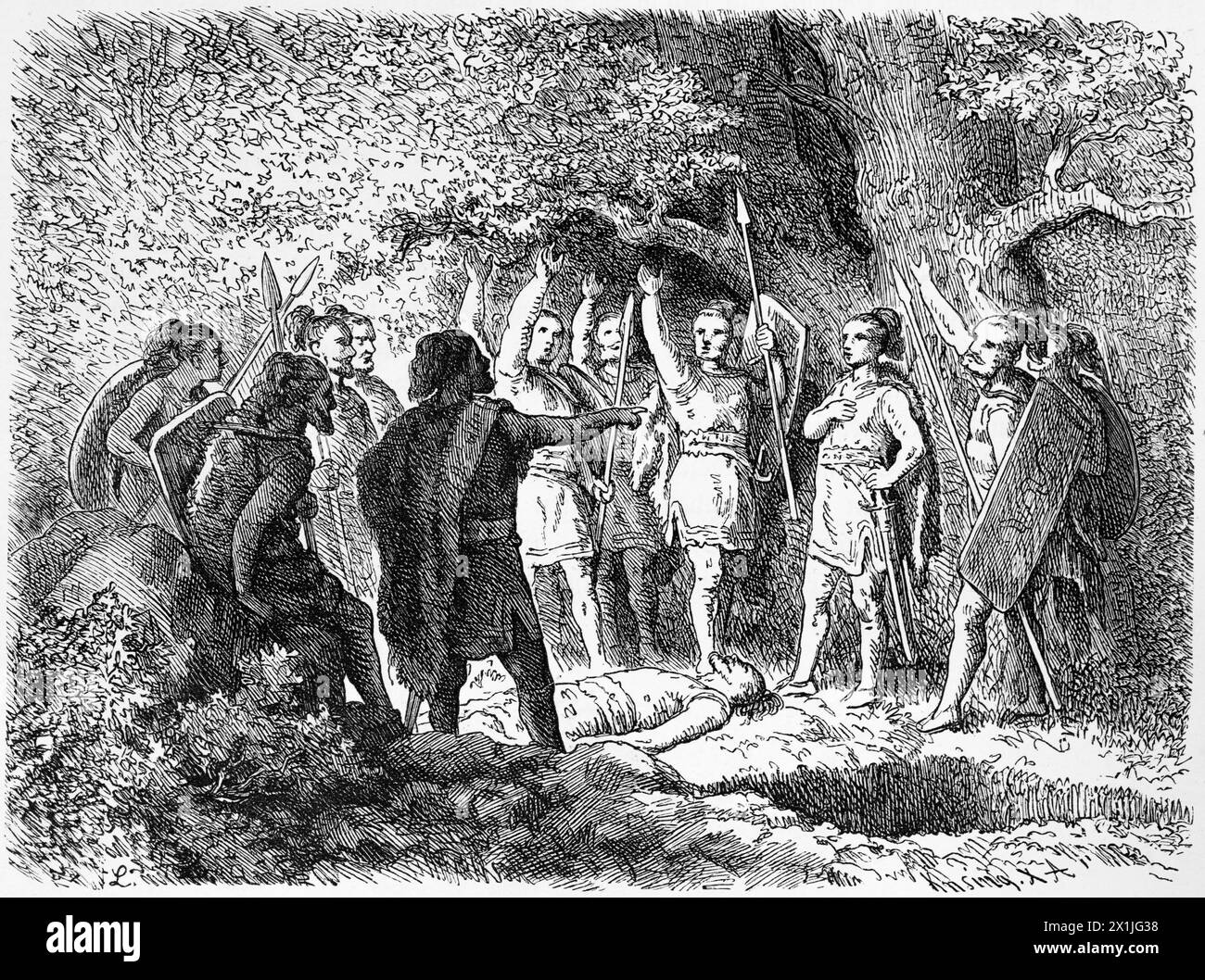 Taking revenge in a blood vengeance and atonement, two groups in enmity, historical illustration 1880 Stock Photo