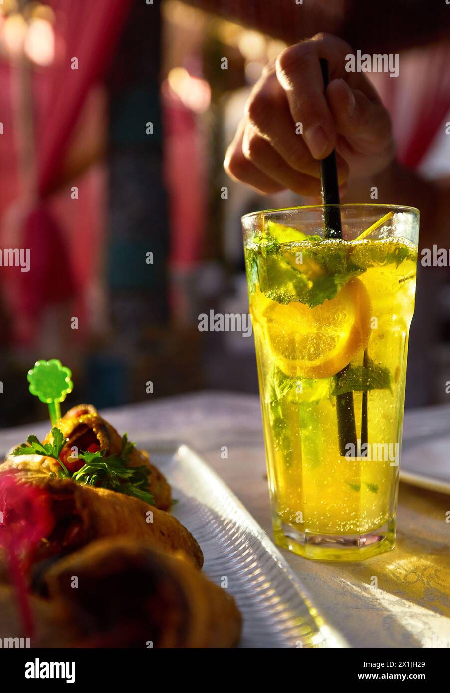 Homemade mojito Lemonade and appetizer in restaurant of Samarkand in Uzbekistan Stock Photo