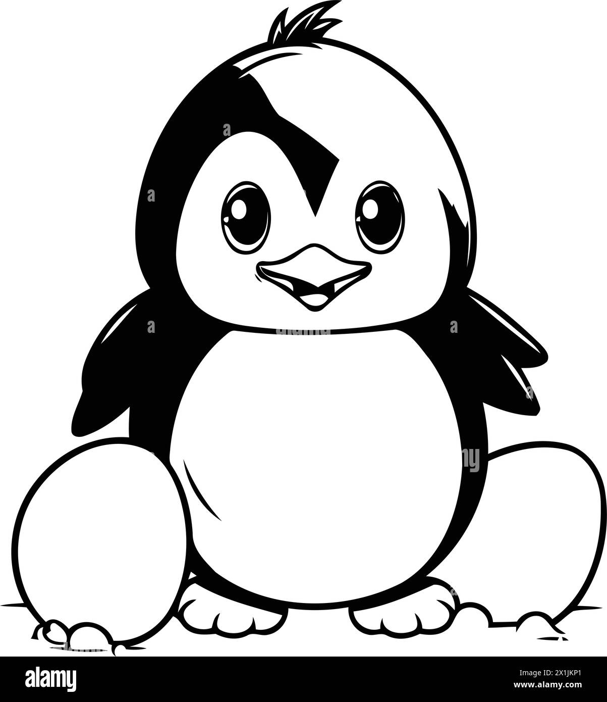 Cute cartoon penguin sitting on the snow. Vector illustration Stock