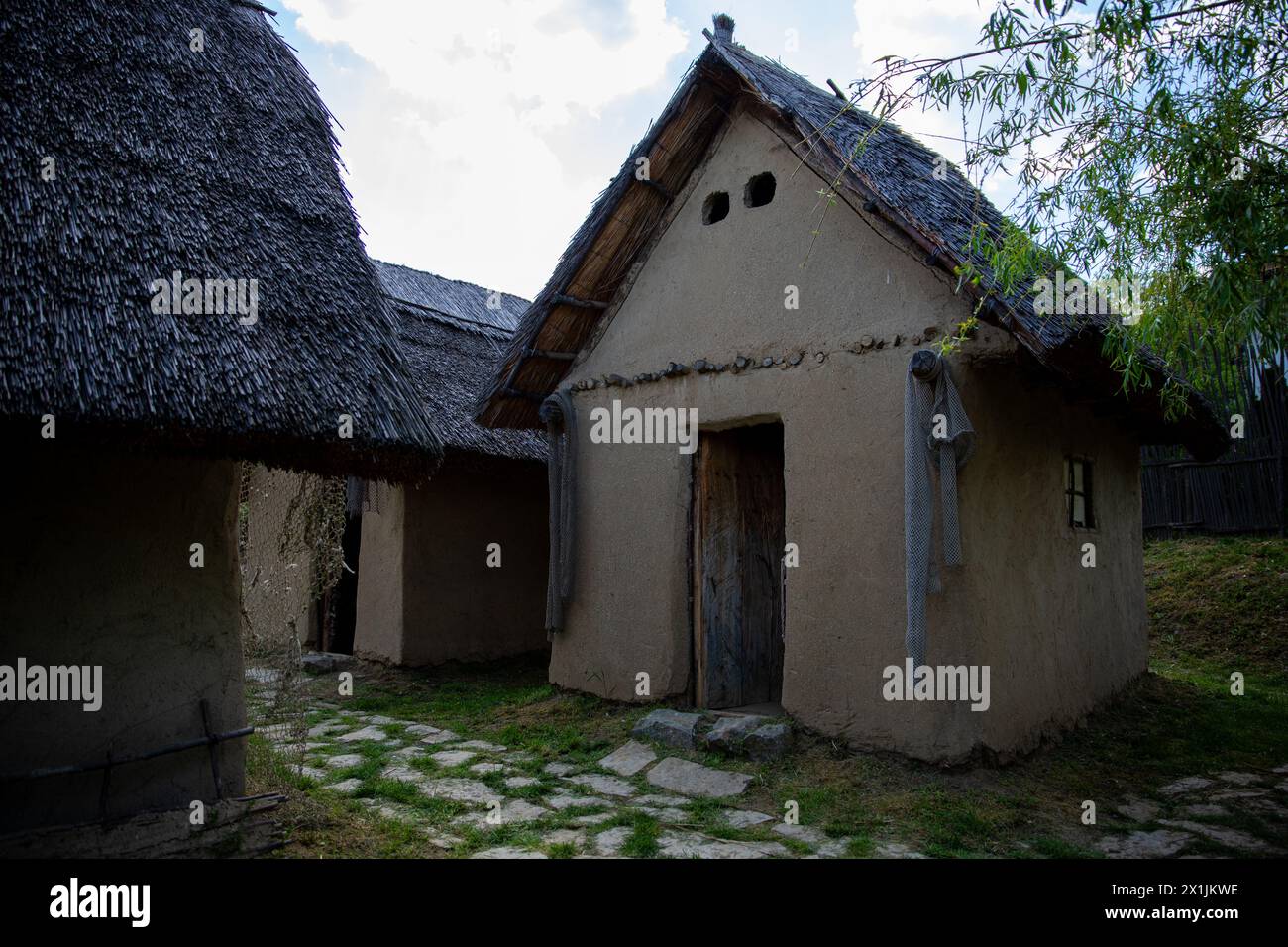 Fisherman's house exterior of Serbian settlement at the banks of Danube river from Neolithic period dated to 5400–4500 BC Stock Photo