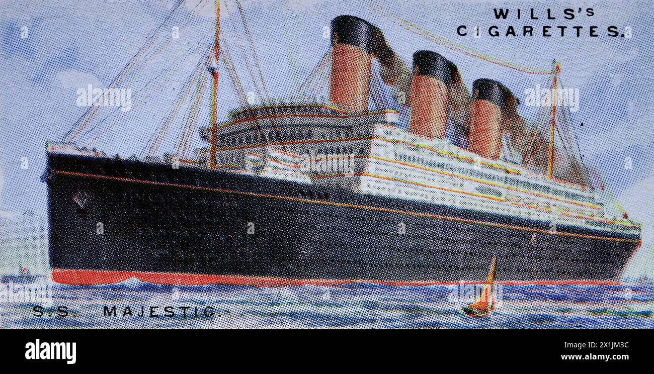 S.S. Majestic, of White Star Lines, which operated services from Southampton to New York via Cherbourg. One of a set of fifty cigarette cards produced in 1924 under the title Merchant Ships of the World. Produced by W.D. and H.O. Wills of Bristol and London, a part of Imperial Tobacco Company of Great Britain and Ireland Limited. Stock Photo