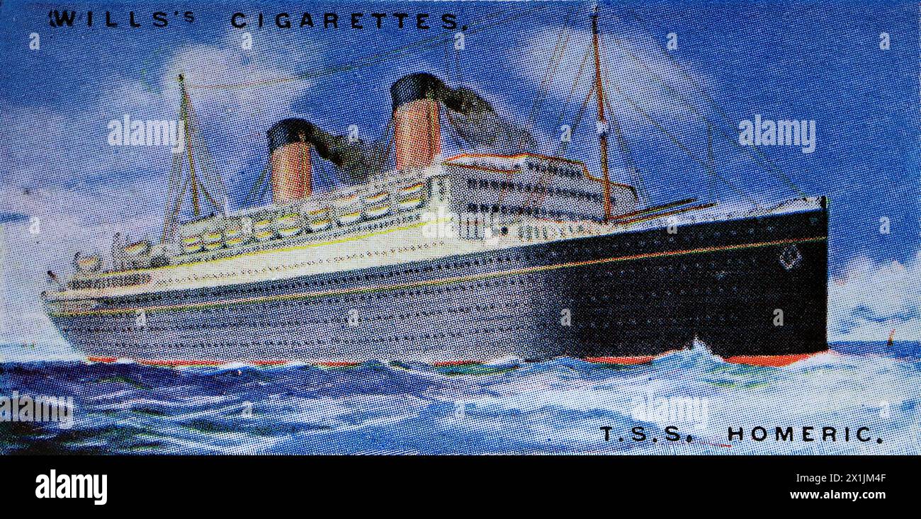 T.S.S. Homeric, of White Star Lines, which operated services from Southampton to New York via Cherbourg. One of a set of fifty cigarette cards produced in 1924 under the title Merchant Ships of the World. Produced by W.D. and H.O. Wills of Bristol and London, a part of Imperial Tobacco Company of Great Britain and Ireland Limited. Stock Photo