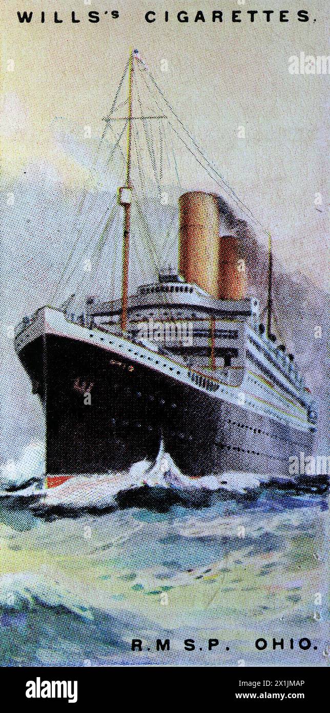 R.M.S.P. Ohio, owned by the Royal Mail Steam Packet Company which operated mail, passenger and cargo services between Hamburg, Southampton, Cherbourg and New York. One of a set of fifty cigarette cards produced in 1924 under the title Merchant Ships of the World. Produced by W.D. and H.O. Wills of Bristol and London, a part of Imperial Tobacco Company of Great Britain and Ireland Limited. Stock Photo