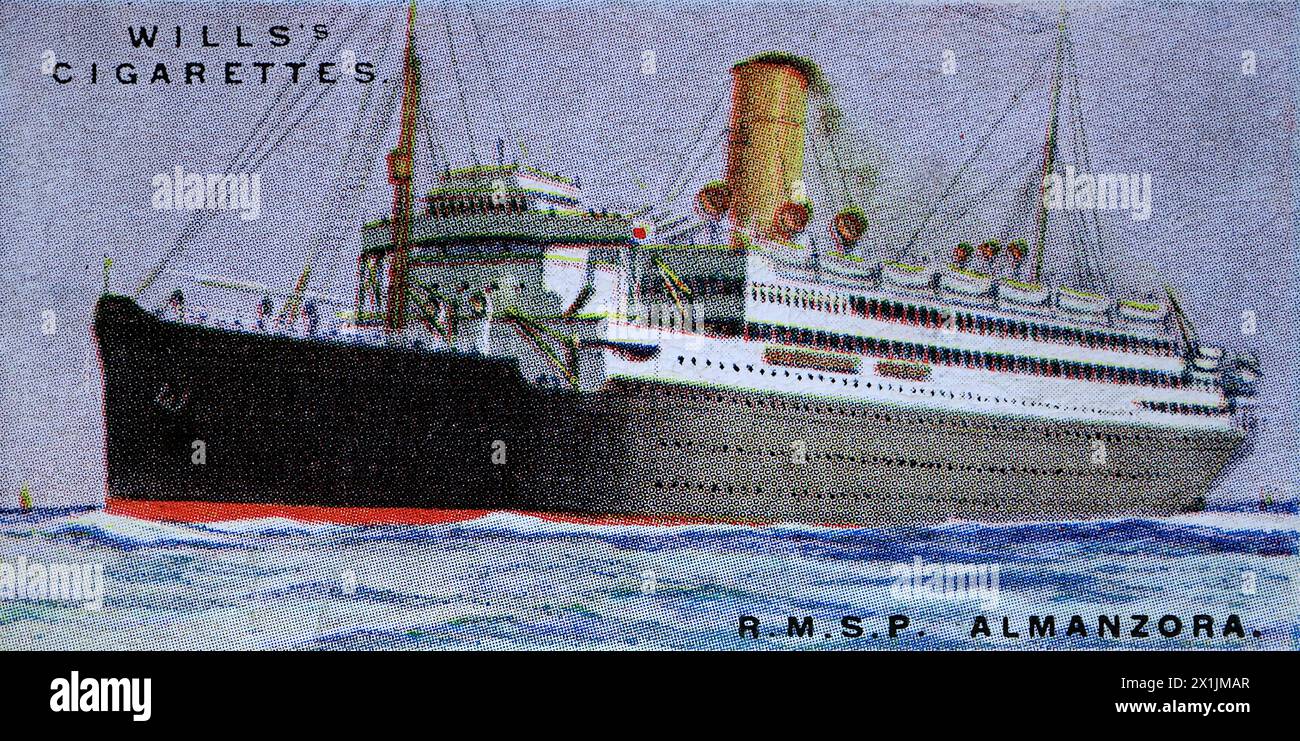 R.M.S.P. Almanzora, owned by the Royal Mail Steam Packet Company which operated mail, passenger and cargo services between Southampton and Cherbourg, Spain, Portugal, Madeira, Brazil, Uruguay and Argentina. One of a set of fifty cigarette cards produced in 1924 under the title Merchant Ships of the World. Produced by W.D. and H.O. Wills of Bristol and London, a part of Imperial Tobacco Company of Great Britain and Ireland Limited. Stock Photo