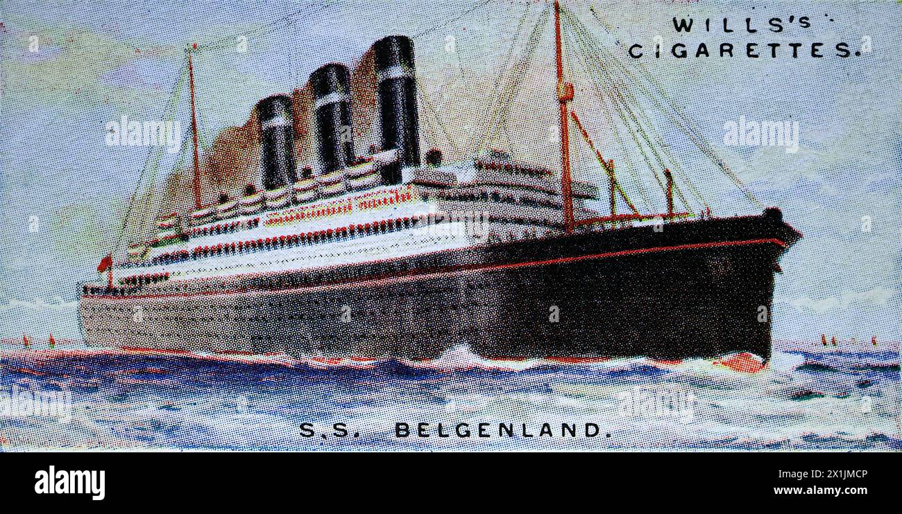 S.S. Belgenland, owned by Red Star Line which operated transatlantic passenger services. One of a set of fifty cigarette cards produced in 1924 under the title Merchant Ships of the World. Produced by W.D. and H.O. Wills of Bristol and London, a part of Imperial Tobacco Company of Great Britain and Ireland Limited. Stock Photo