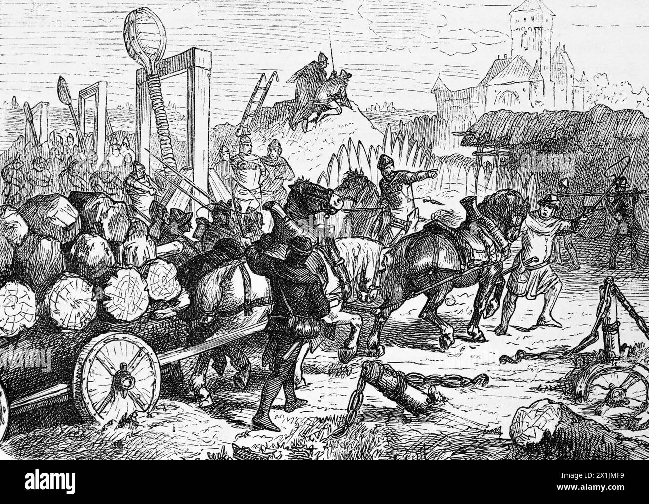 Preparing the siege of a fortified town in Mark Brandenburg in the 15th century, historic illustration 1880 Stock Photo