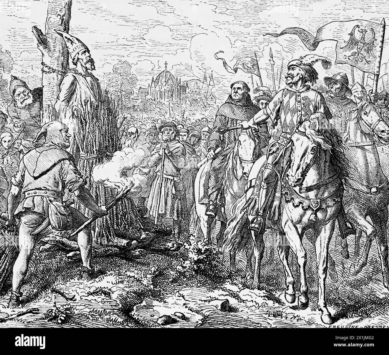 Huß on the stake, his execution by burning on 6th July 1415 , Bishopric of Constance, historic illustration 1880 Stock Photo