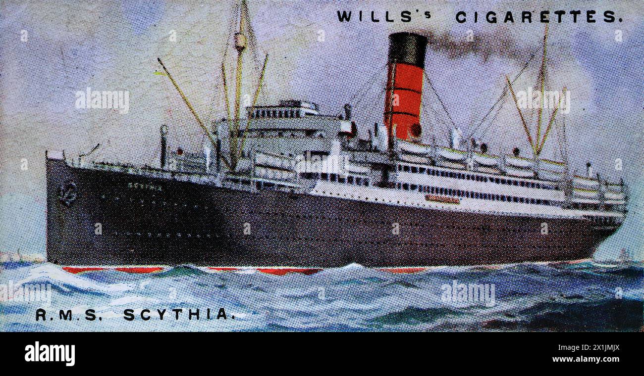 R.M.S. Scythia of the Cunard Line, a liner renowned for its comfort and convenience. One of a set of fifty cigarette cards produced in 1924 under the title Merchant Ships of the World. Produced by W.D. and H.O. Wills of Bristol and London, a part of Imperial Tobacco Company of Great Britain and Ireland Limited. Stock Photo