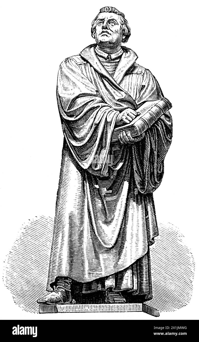 Statue of Martin Luther holding a Bible, Worms, historic illustration 1880 Stock Photo