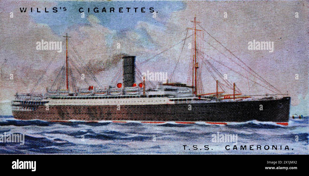 T.S.S. Cameronia of the Anchor Line, operating a passenger service between Glasgow and New York. One of a set of fifty cigarette cards produced in 1924 under the title Merchant Ships of the World. Produced by W.D. and H.O. Wills of Bristol and London, a part of Imperial Tobacco Company of Great Britain and Ireland Limited. Stock Photo