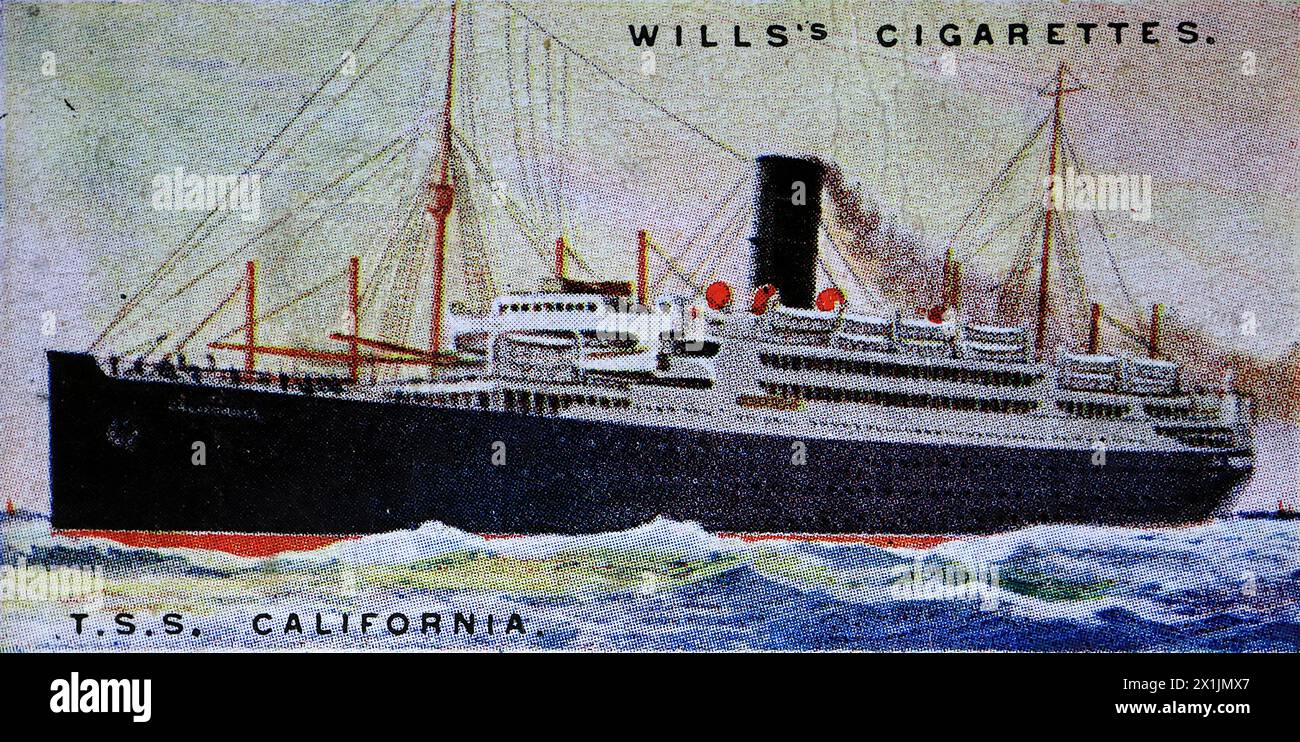 T.S.S. California of the Anchor Line, operating a passenger service between Glasgow and New York. One of a set of fifty cigarette cards produced in 1924 under the title Merchant Ships of the World. Produced by W.D. and H.O. Wills of Bristol and London, a part of Imperial Tobacco Company of Great Britain and Ireland Limited. Stock Photo