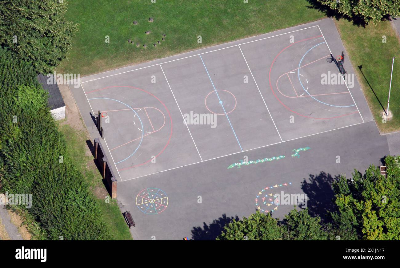aerial view of a tarmac sports surface, playground, at a school Stock Photo