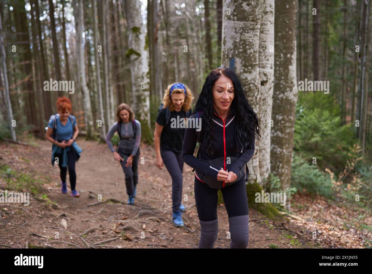 Group of women hikers with backpacks hiking on a trail in the mountains Stock Photo