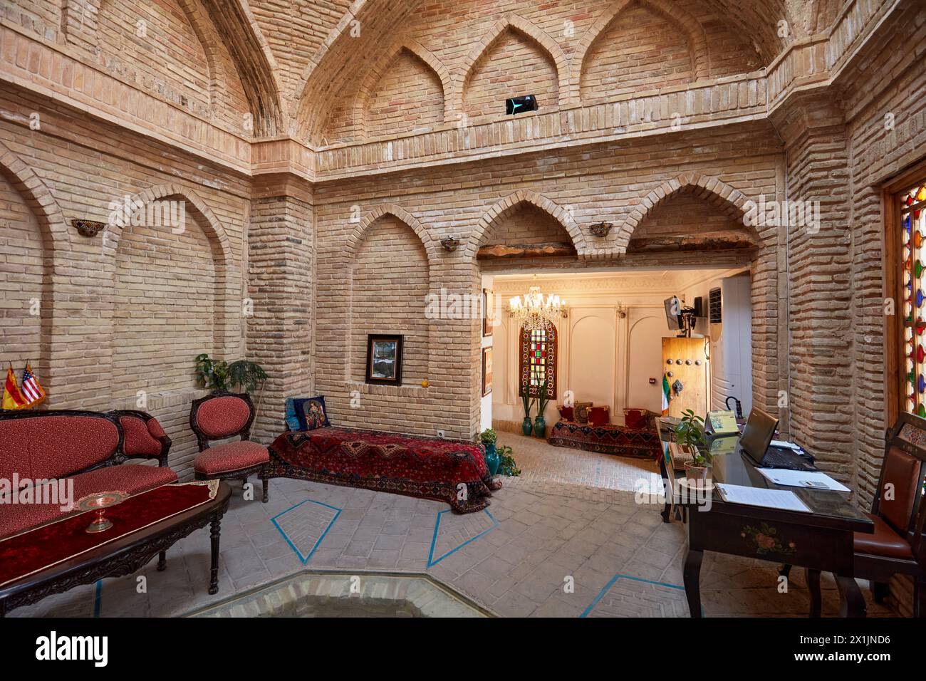 Interior view of a traditional rich Iranian house now turned into an upscale boutique hotel. Isfahan, Iran. Stock Photo