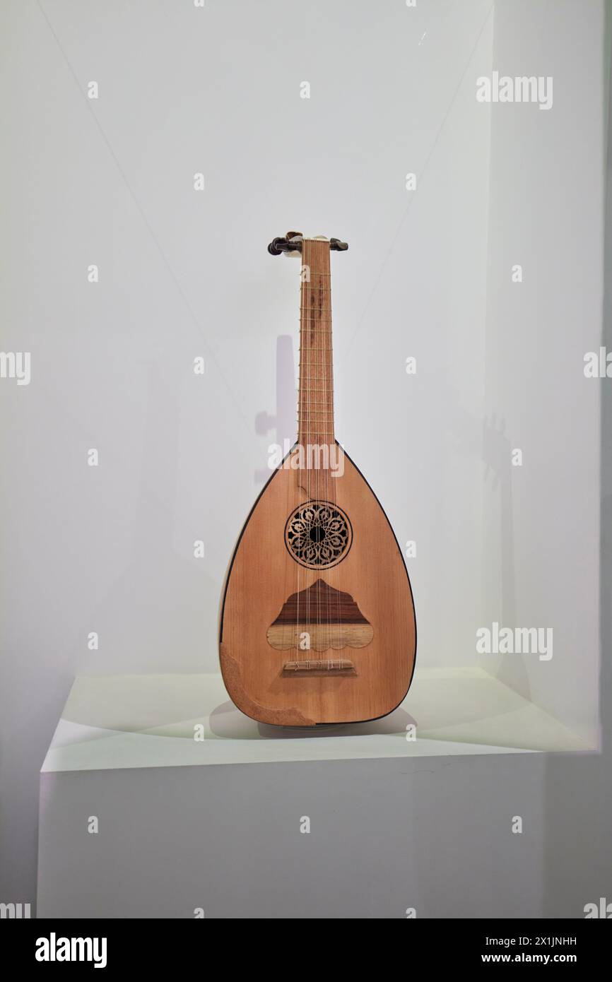 Persian oud, a short-neck lute-type pear-shaped fretless string musical instrument, displayed in the Isfahan Music Museum. Isfahan, Iran. Stock Photo