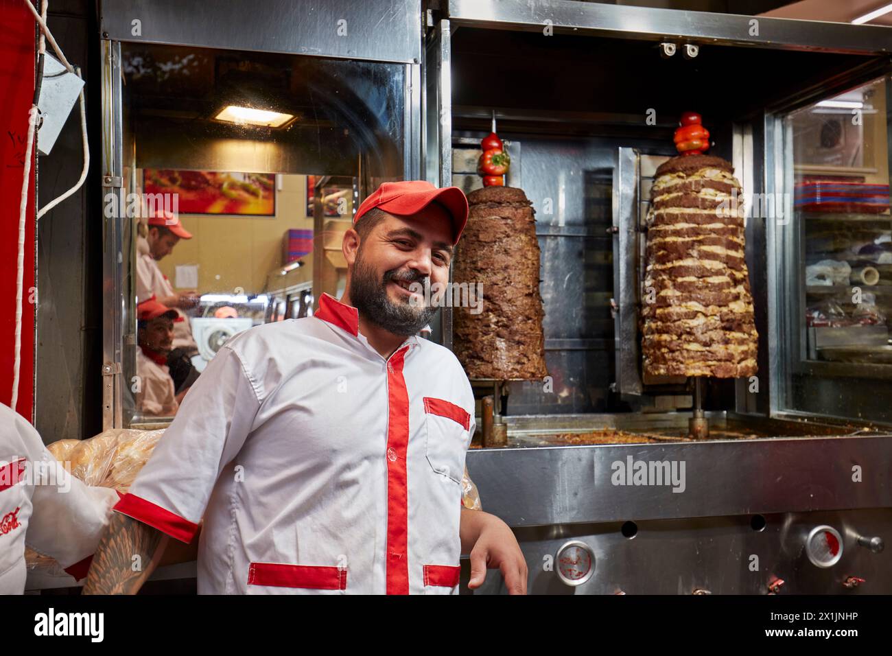 Portrait of Iranian chef who makes and sells shawarma, traditional Middle Eastern street food. Isfahan, Iran. Stock Photo