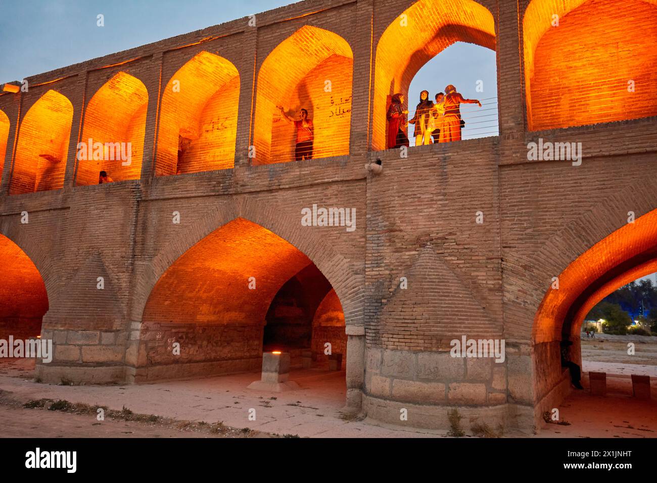 Zayanderud View of illuminated Allahverdi Khan Bridge, aka Si-o-se-pol (17th ...