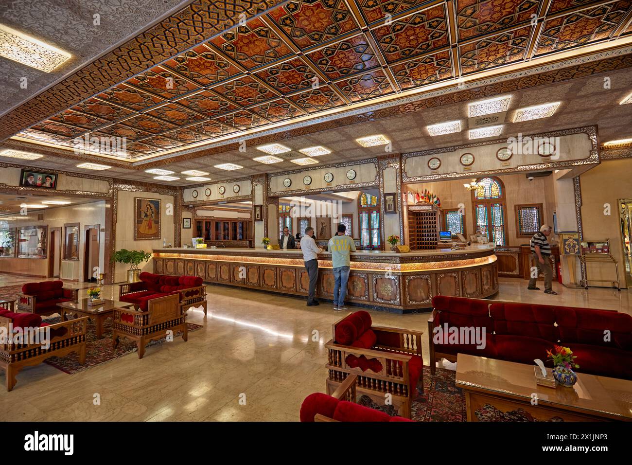 Lobby and front desk in the Abbasi Hotel, 300-year old traditional Persian mansion turned into a hotel. Isfahan, Iran. Stock Photo