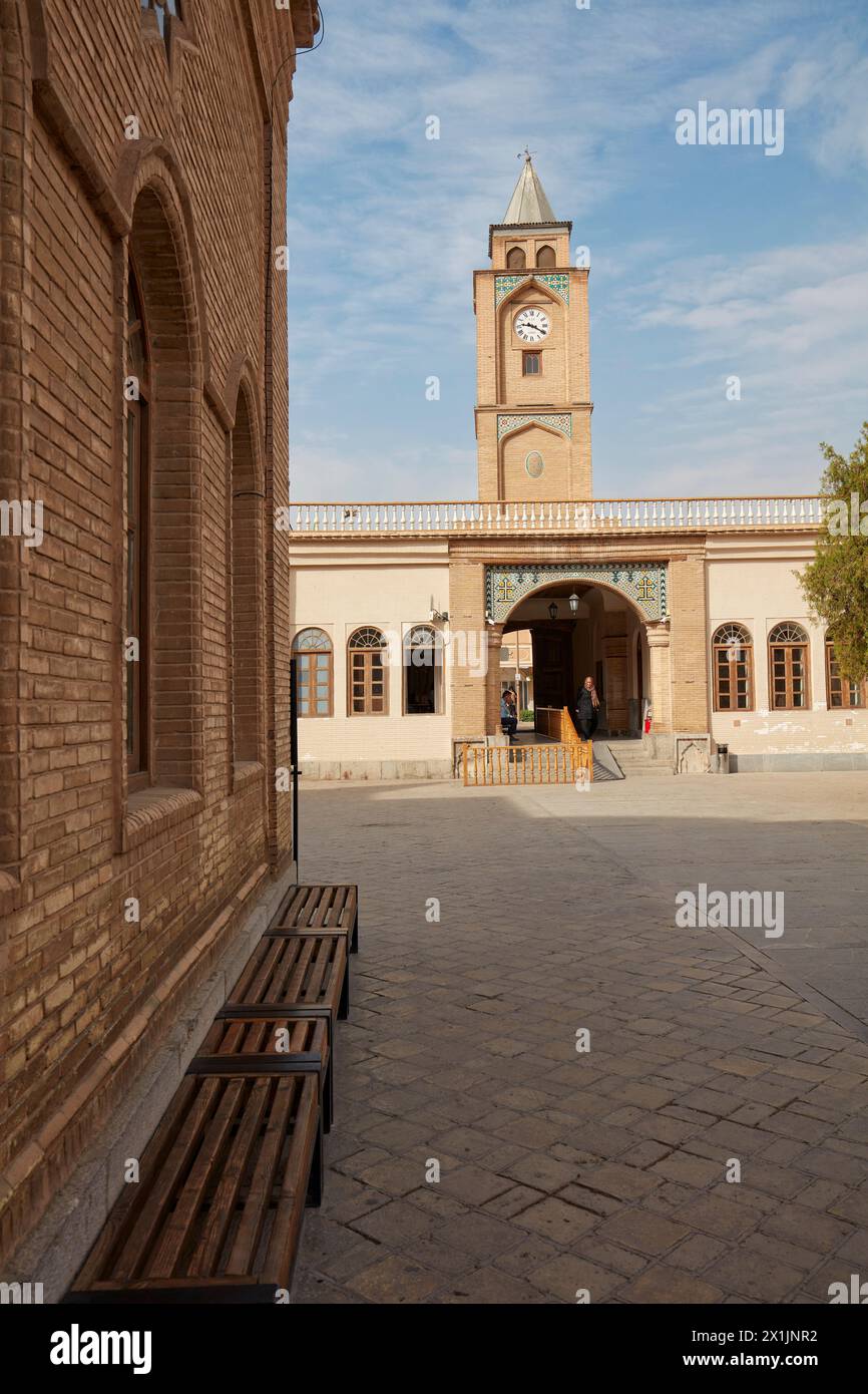 Courtyard view of the clock tower and entrance gate to the Holy Savior Cathedral (Vank Cathedral) in the New Julfa, Armenian quarter of Isfahan, Iran. Stock Photo