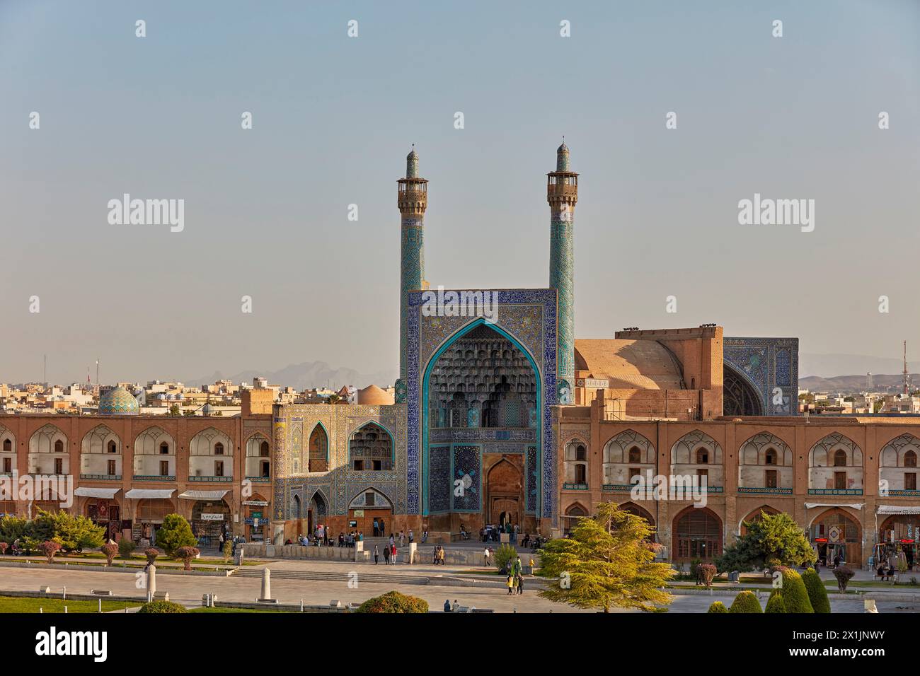 Elevated view of the minarets and the entrance iwan of the Shah Mosque (Masjed-e Shah) in Naqsh-e Jahan Square. Isfahan, Iran. Stock Photo