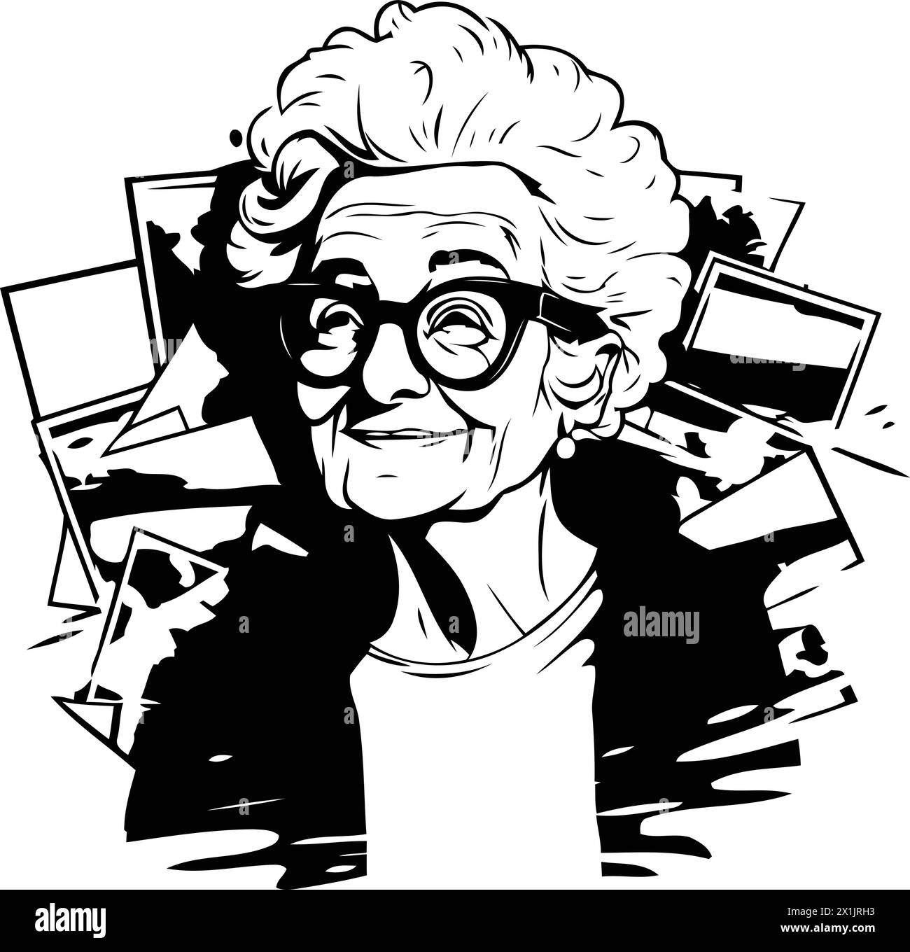 Vector illustration of an old woman with glasses. Portrait of an elderly woman. Stock Vector