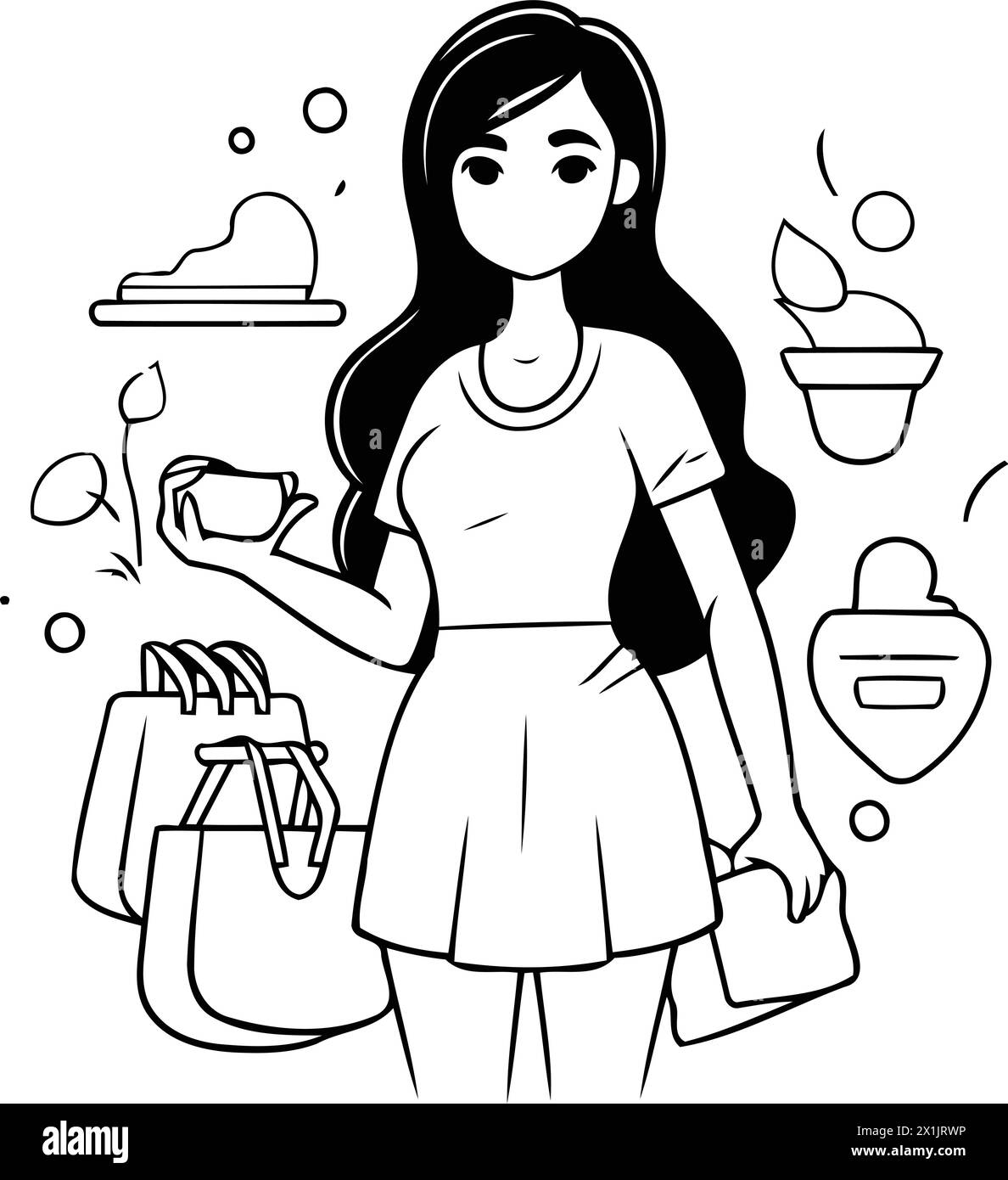 Vector illustration of a girl with a green bag on a background of green