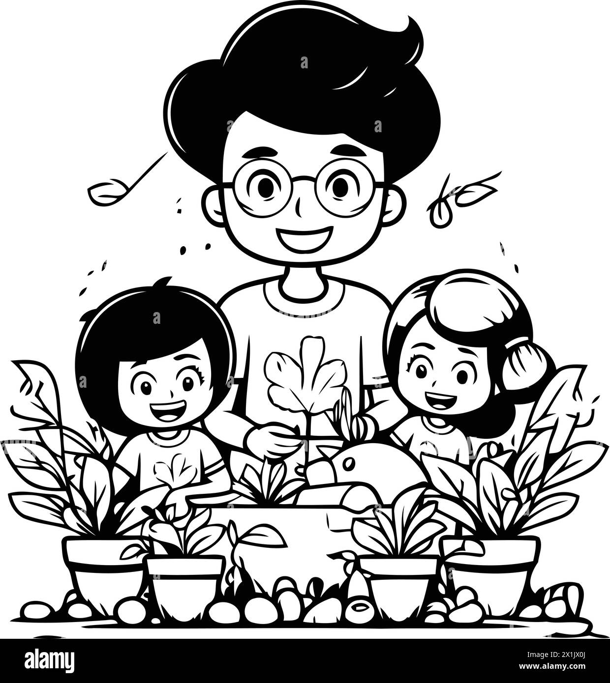 Vector illustration of a happy family taking care of plants in the
