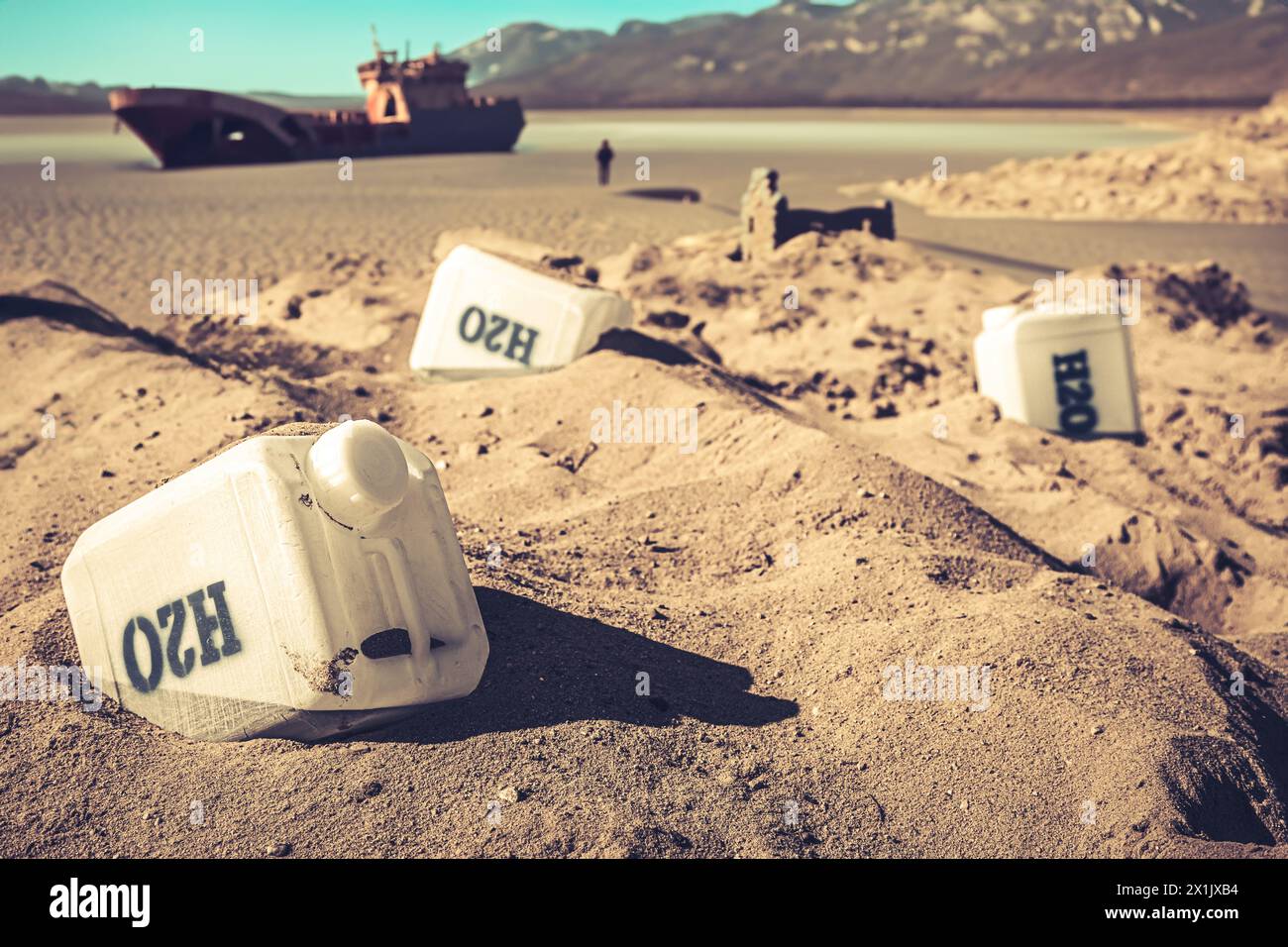 Unclean water cans filled with infected water. Destroyed and polluted city. Stock Photo