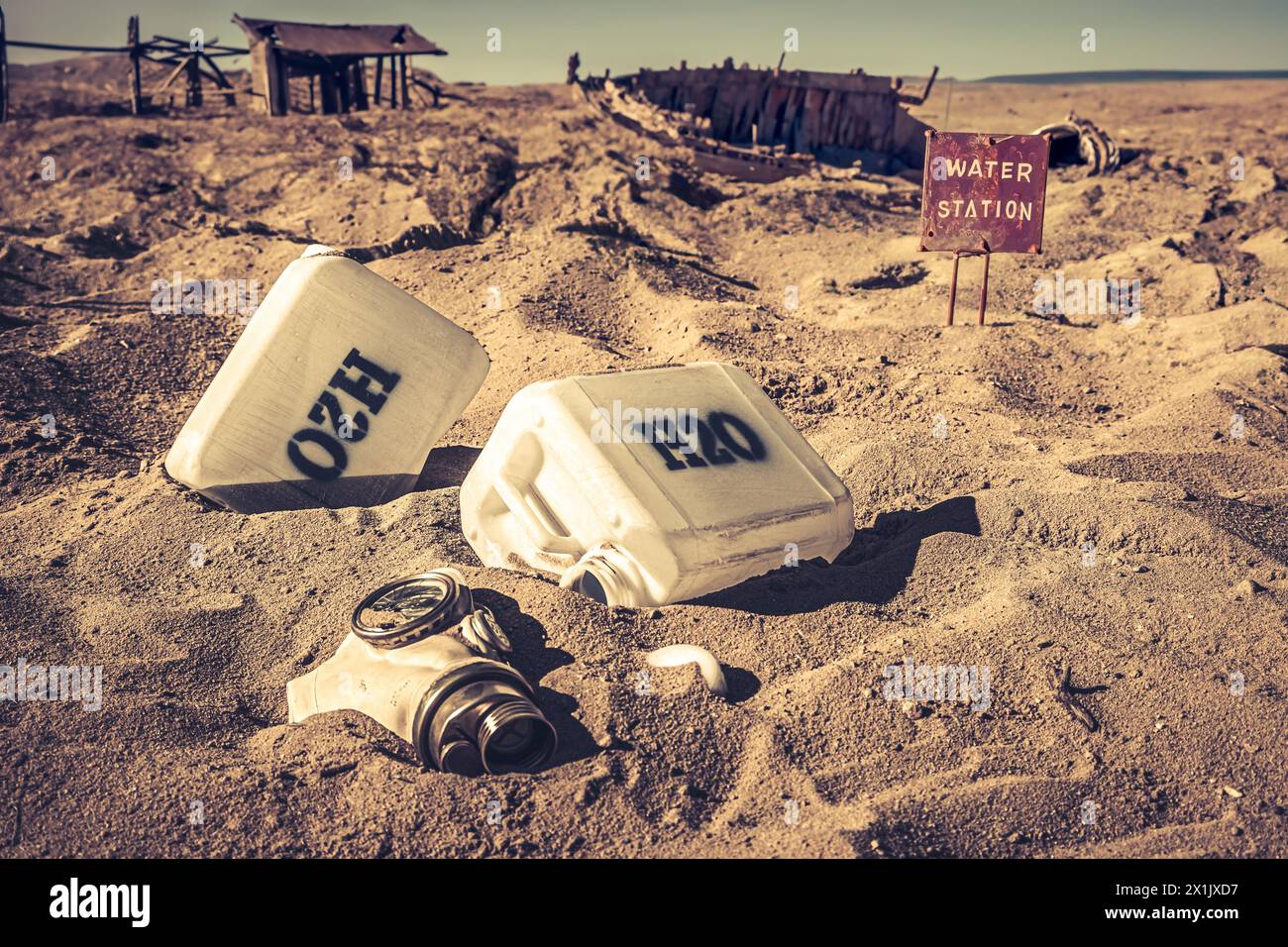 Contaminated water cans in desolate and desert place. Polluted water in a post-apocalyptic city. Stock Photo
