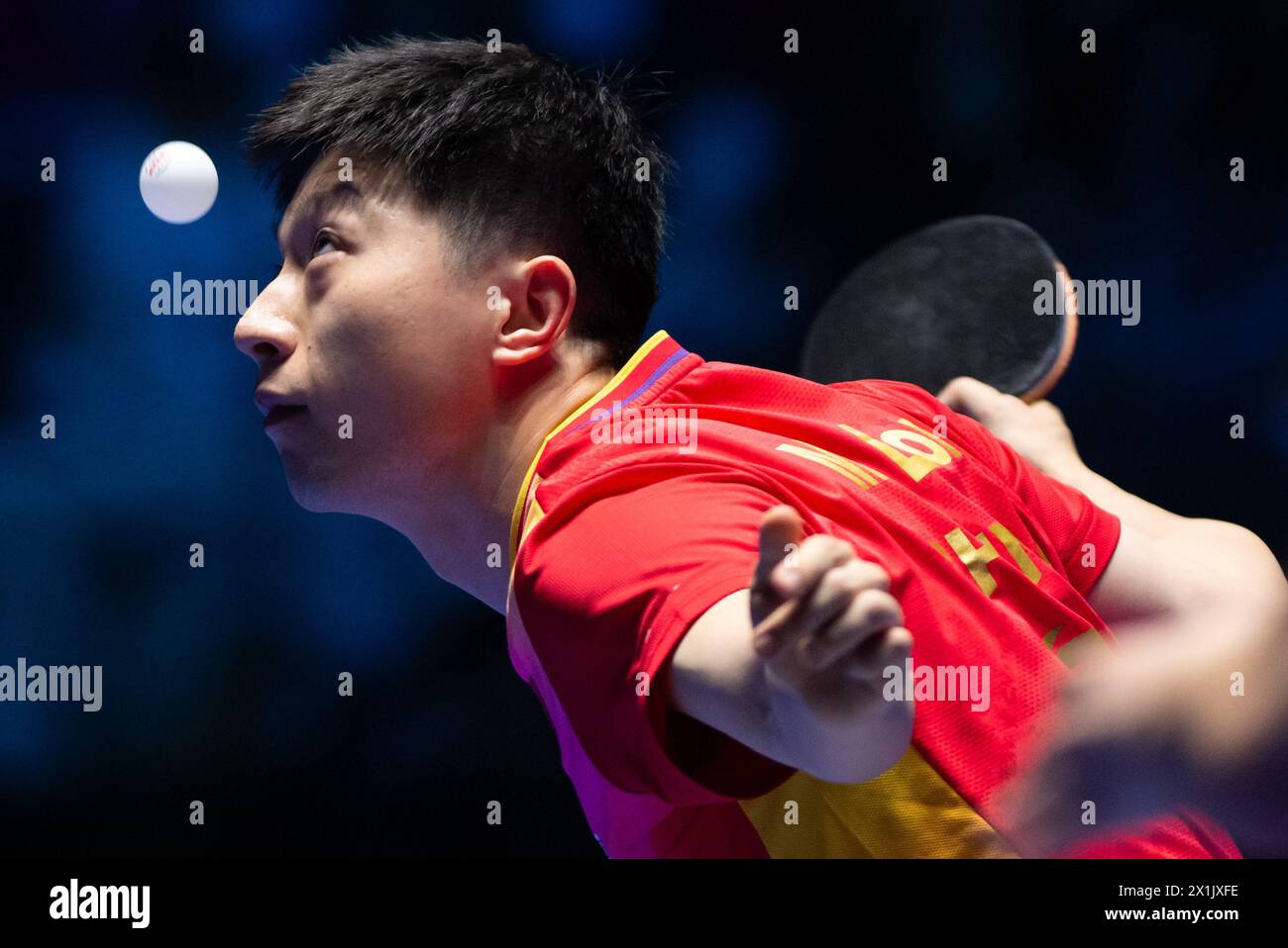 Macao, China. 17th Apr, 2024. Ma Long of China serves during the men's