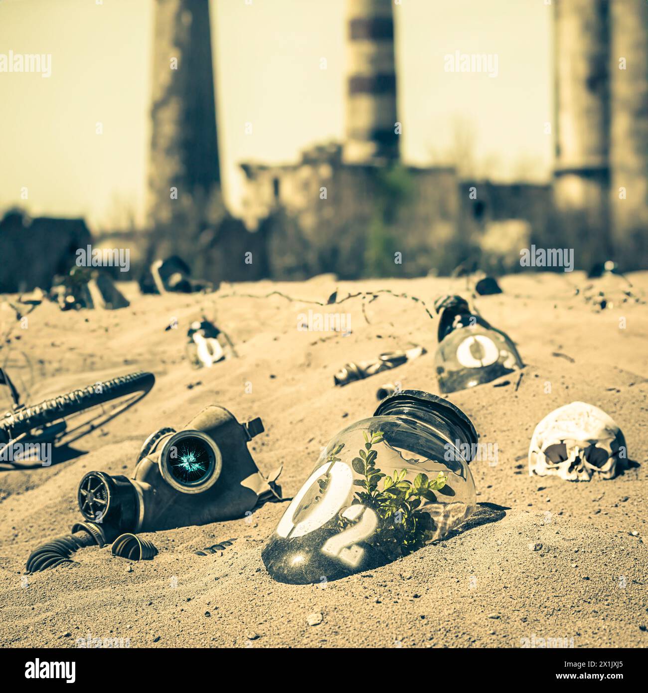 Bizarre jar with plant as symbol of air pollution. Polluted air in a post-apocalyptic city. Stock Photo