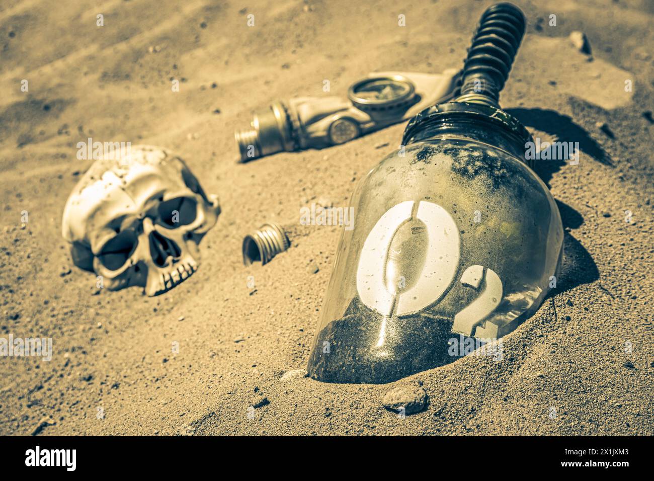 Strange jar with plant in post apocalyptic city. Destroyed and polluted city. Stock Photo
