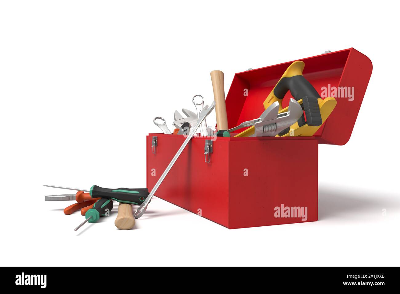 Red toolbox with tools spilling out Stock Photo Alamy