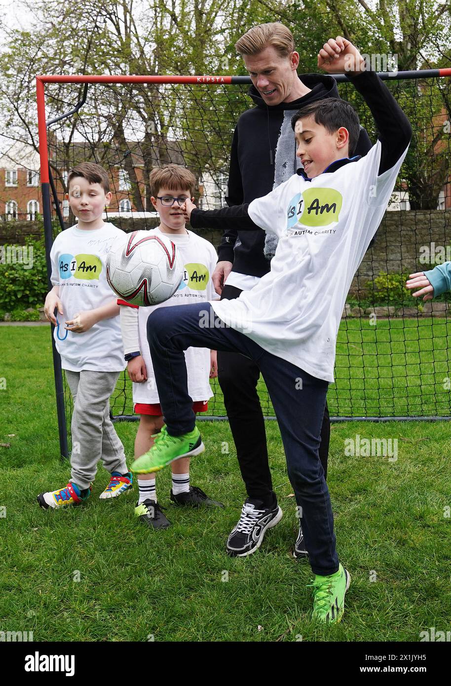 Footballer James McClean with (from left) Tommy Reilly, Oisin O'Callaghan, and Hari Pillai, taking part in an AsIAm autism awareness event, at St Mary's Church Park, Dublin. Picture date: Wednesday April 17, 2024. Stock Photo