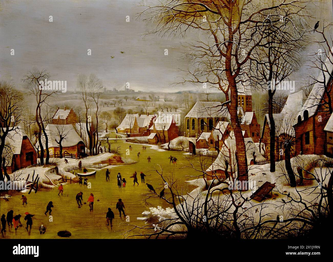 Winter landscape with bird's eye view and the flight to Egypt by  Pieter (II) Brueghel 1622 Museum Mayer van den Bergh,  Antwerp, Belgium, Belgian.( One of the oldest copies after the original by Pieter Bruegel I, dated 1565, in Brussels, K.M.S.K. (ex-commissioned Delporte). Exceptionally, this response features a group of the fleeing H.Familie. These figures are also missing from the original. In the threatening birdsong, people wanted to see an allusion to the disasters brought on the Netherlands by the Spanish rule. ) Stock Photo