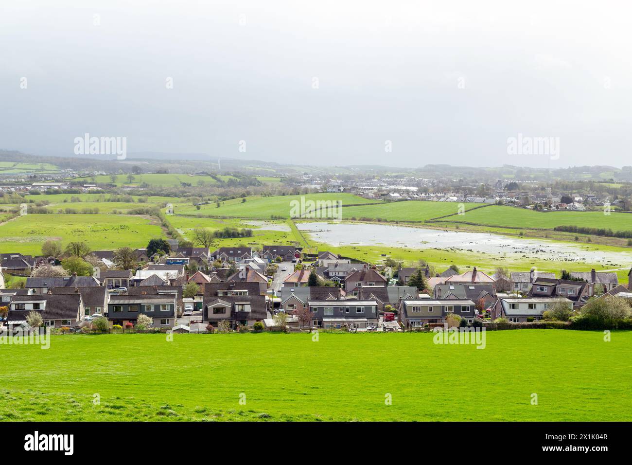 The village of Warton with Carnforth in the distance. Stock Photo