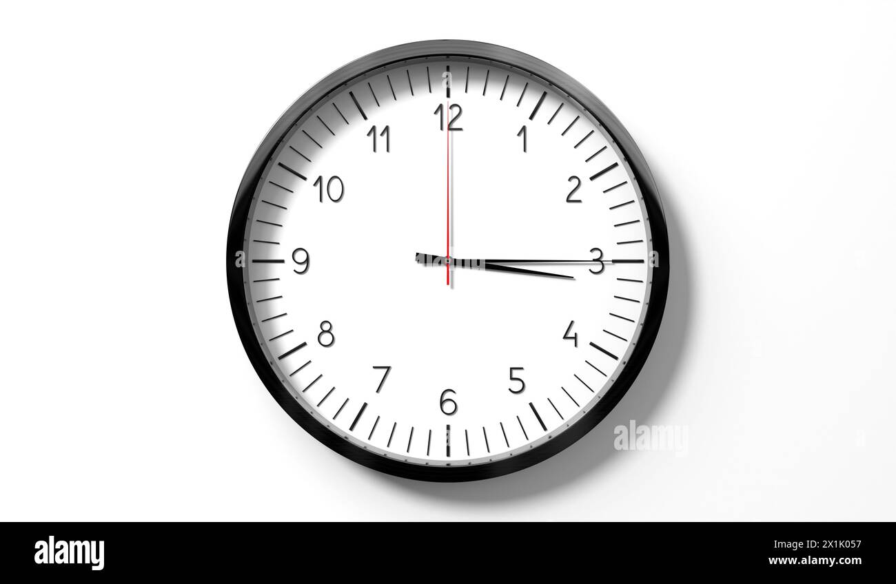 Time at quarter past 3 o clock classic analog clock on white