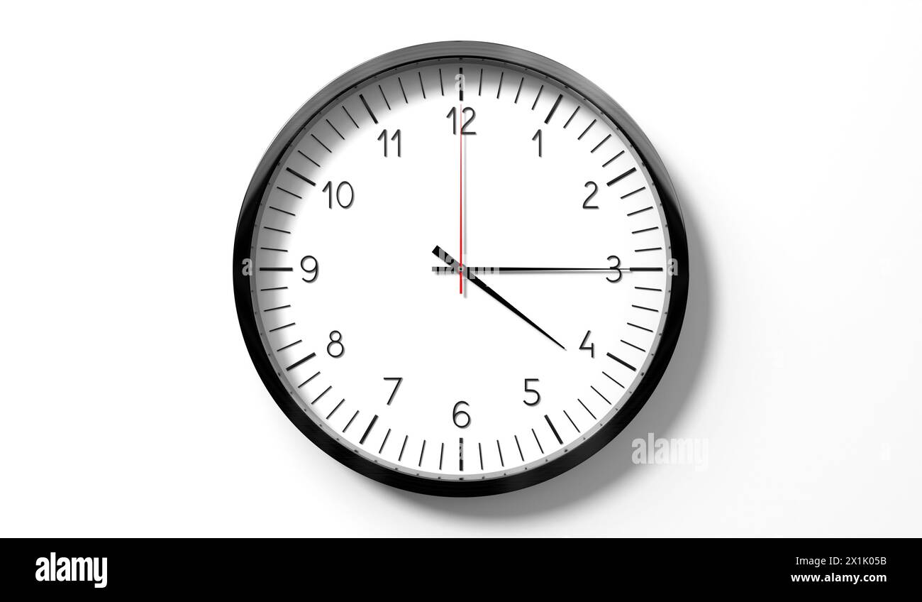 Time at quarter past 4 o clock classic analog clock on white
