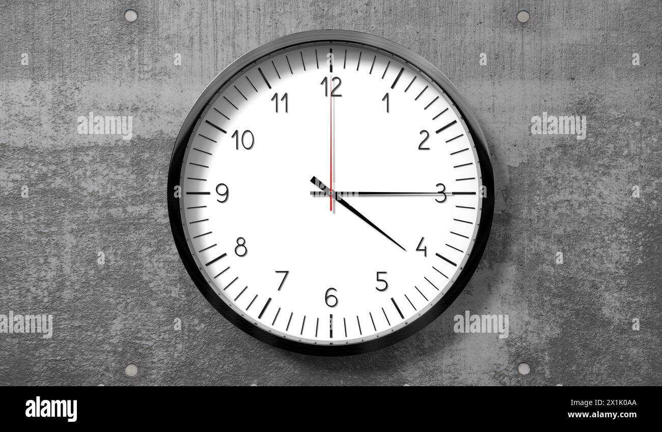 Time at quarter past 4 o clock classic analog clock on rough concrete