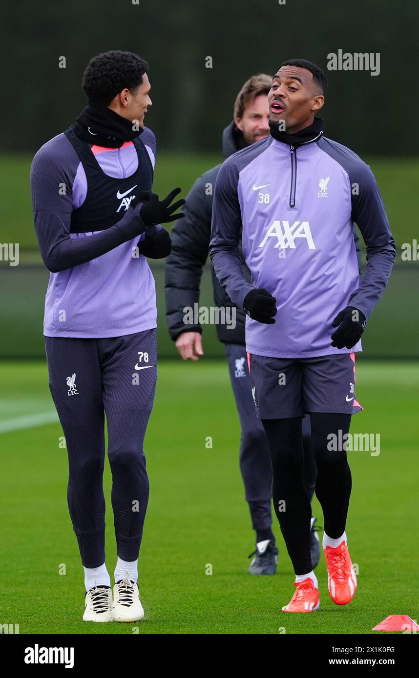 Liverpool's Jarell Quansah (left) and Ryan Gravenberch during a training session at the AXA Training Centre, Liverpool. Picture date: Wednesday April 17, 2024. Stock Photo
