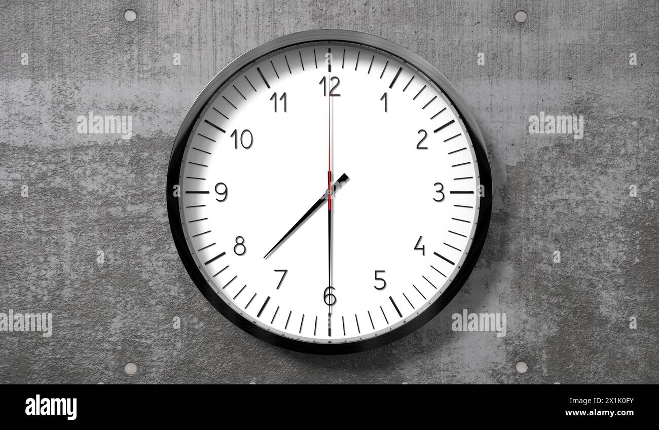 Time at half past 7 o clock classic analog clock on rough concrete