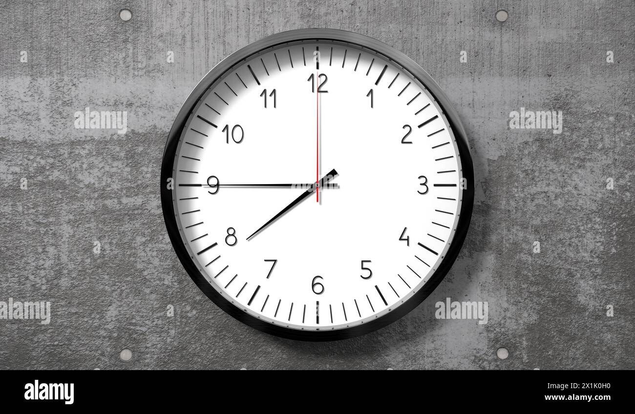 Time at quarter to 8 o clock classic analog clock on rough concrete