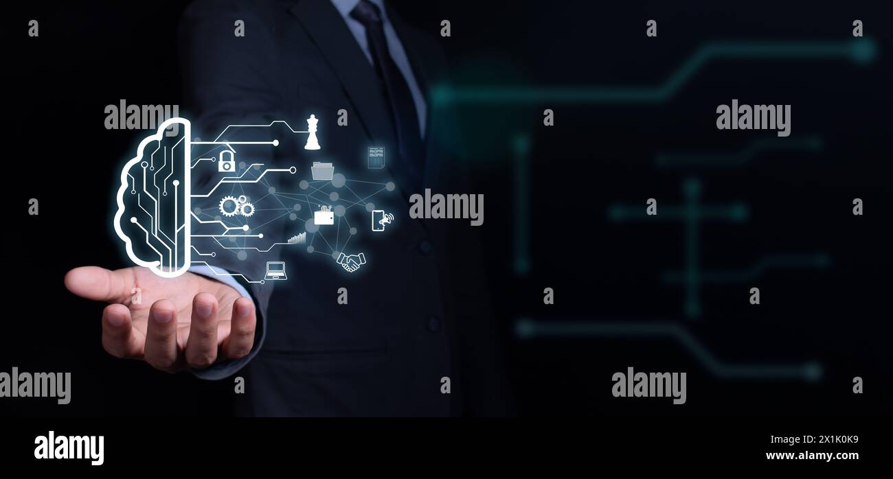 artificial intelligence concept. businessman holds hologram of a brain ...