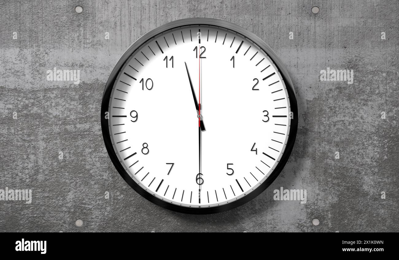 Time at half past 11 o clock - classic analog clock on rough concrete wall - 3D illustration Stock Photo
