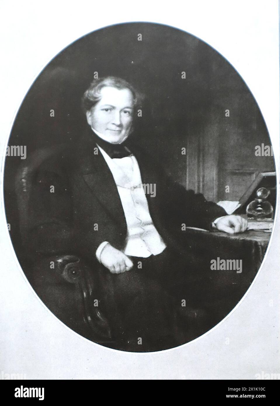 A portrait of John Heathcoat, born in Duffield, near Derby in 1783, died in Tiverton, 1861. He invented the first bobbin-net machine in 1809. This was published in 1924 by The Federation of Lace and Embroidery Employers’ Associations, Nottingham, for the British Empire Exhibition. Stock Photo